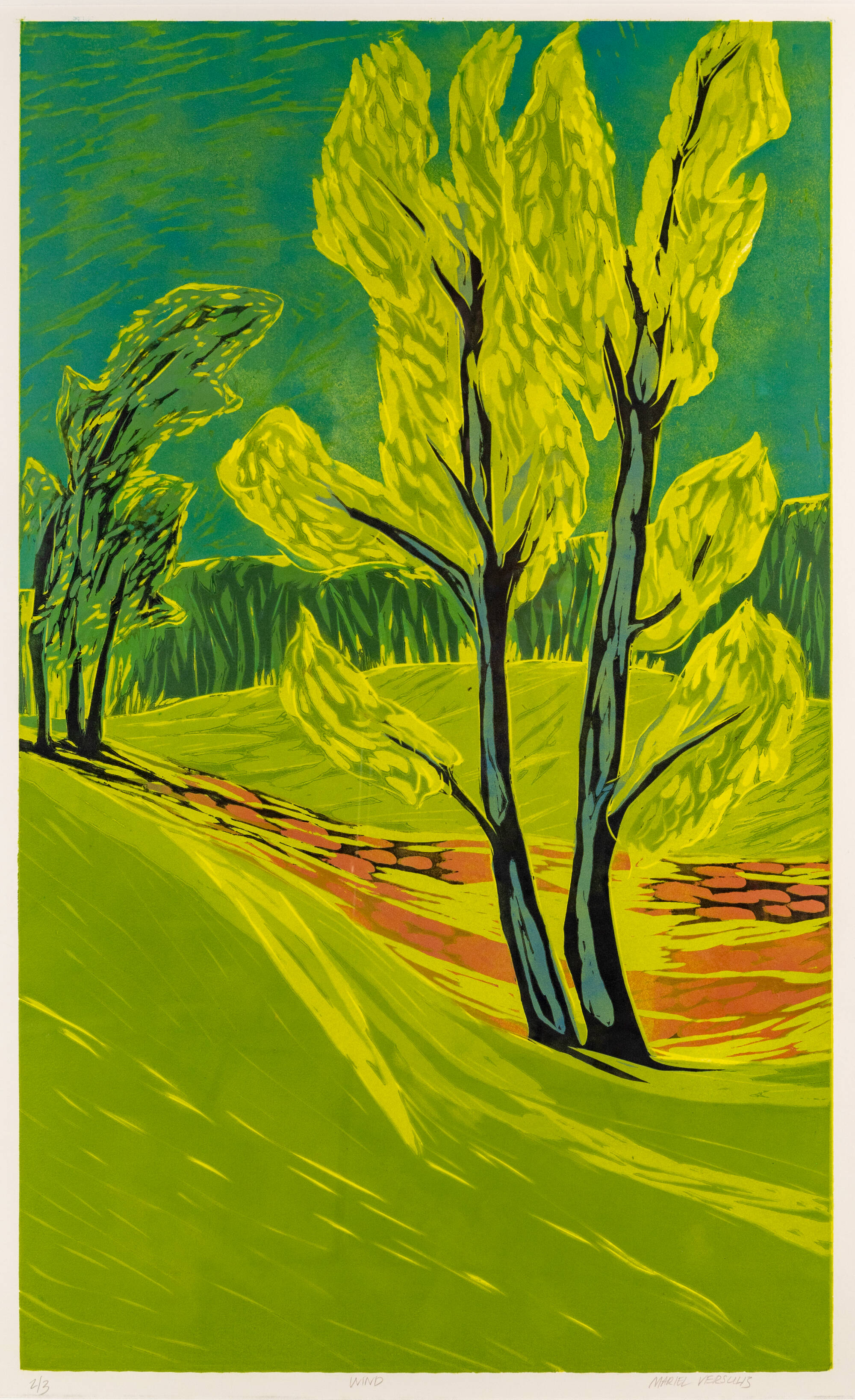 Landscape scene in green and yellow. Large tree in foreground along path.